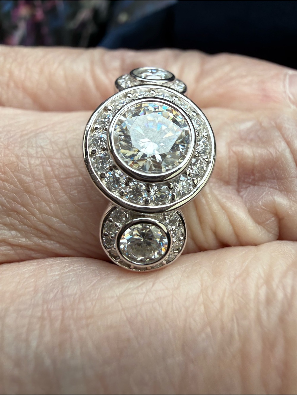 Sterling Silver White Crystal Halo Trio Ring - Elegant Sparkle